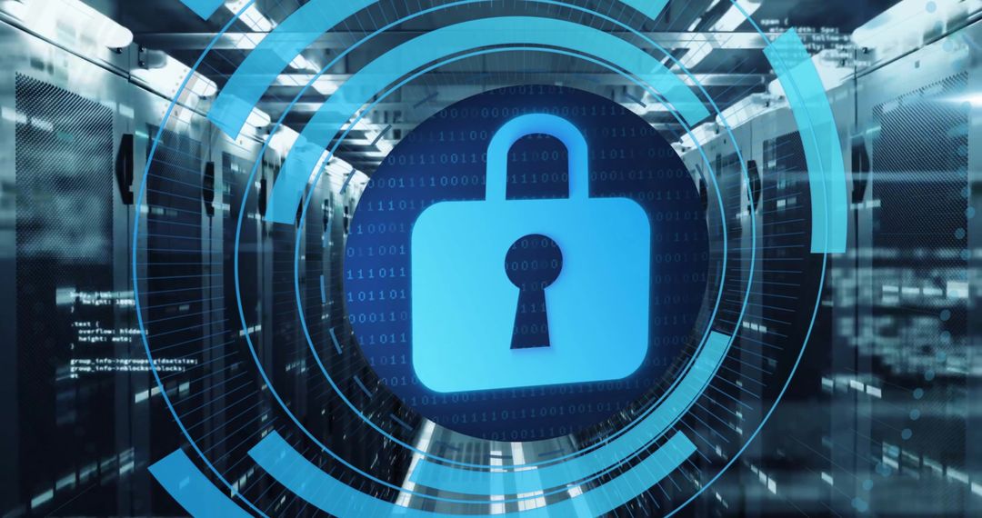 Digital Key Lock Icon with Hud Interface in Data Center