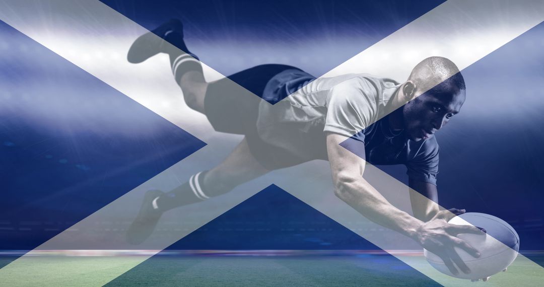 Rugby Player in Action Superimposed with Scotland Flag