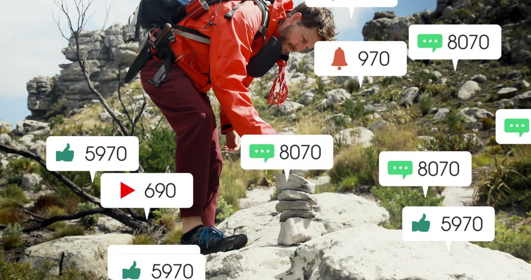 Adventurous Hiker Engages with Digital Notifications on Trail