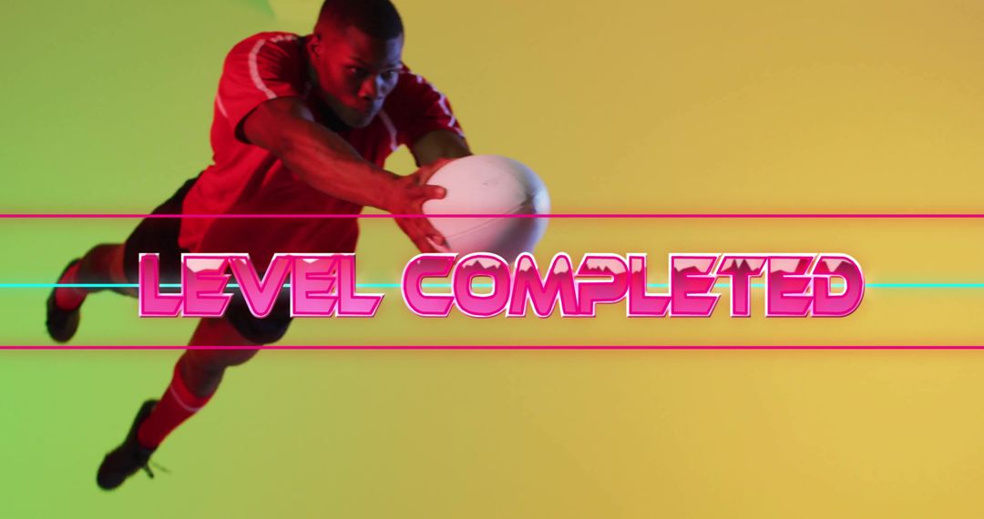 Rugby Player Jumping in Colorful Digital Background