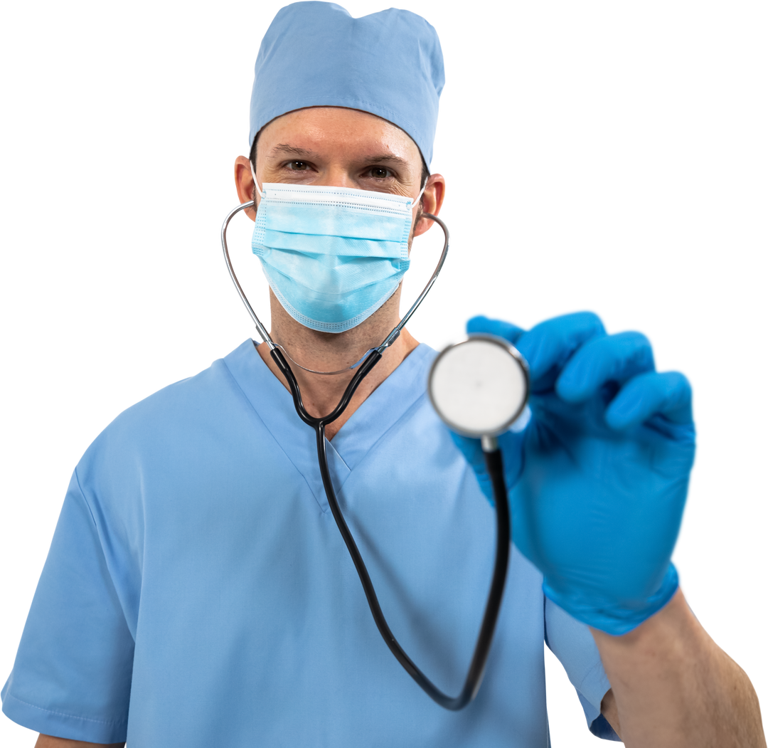 Transparent Image: Doctor Wearing Gloves Holding Stethoscope in Light Blue Attire - Download Free Stock Images Pikwizard.com