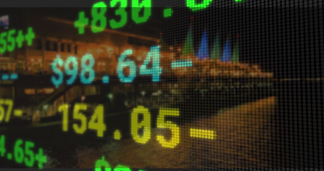 Digital Stock Ticker Display Over Urban Harbor at Night