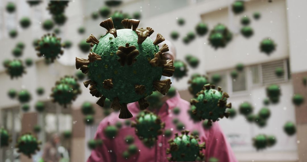 Macro View of COVID-19 Cells Over Person with Mask in Urban Setting