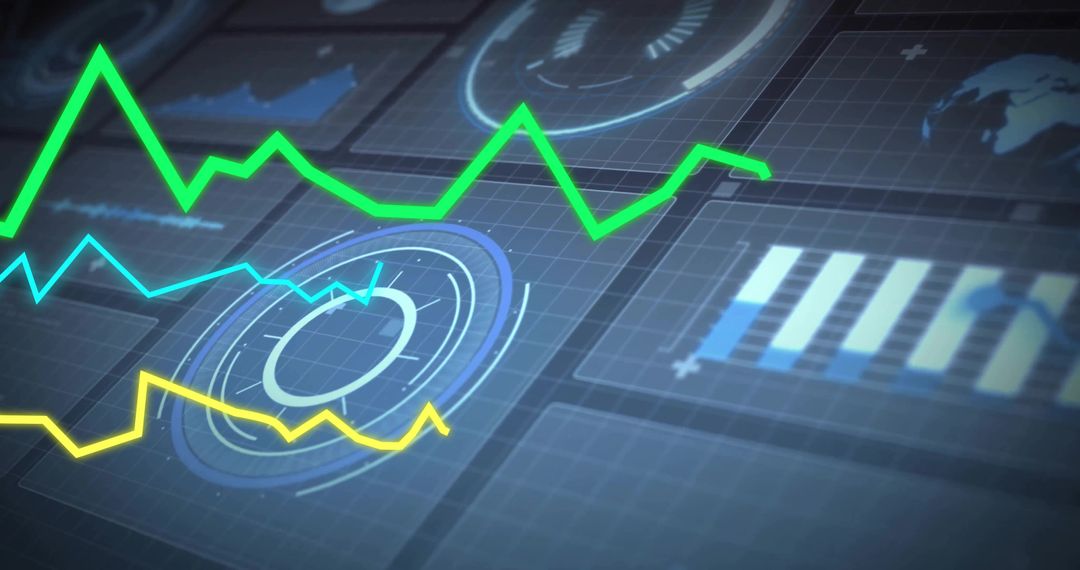 Futuristic Dashboard with Neon Line Graphs and Digital Interface
