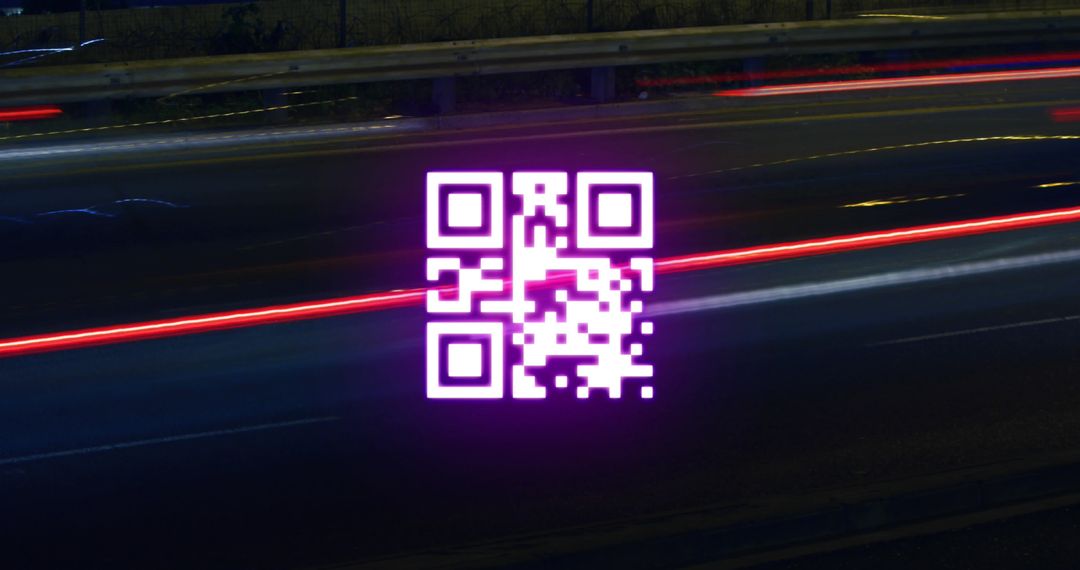 Glowing QR Code Floating Over Highway With Light Trails at Night