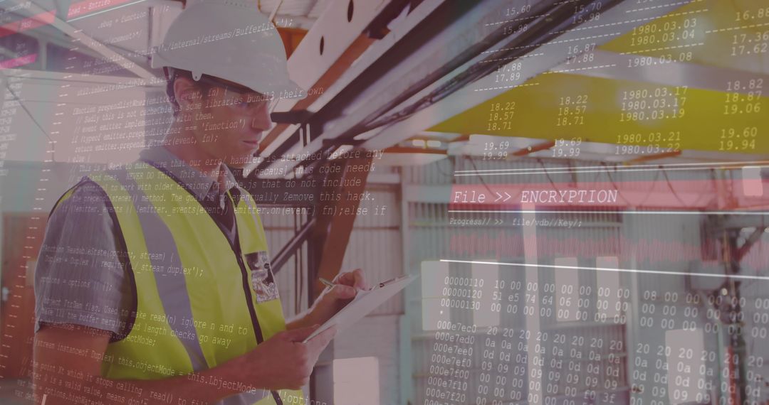 Engineer Inspects Construction Site with Code Overlay Symbolizing Technology