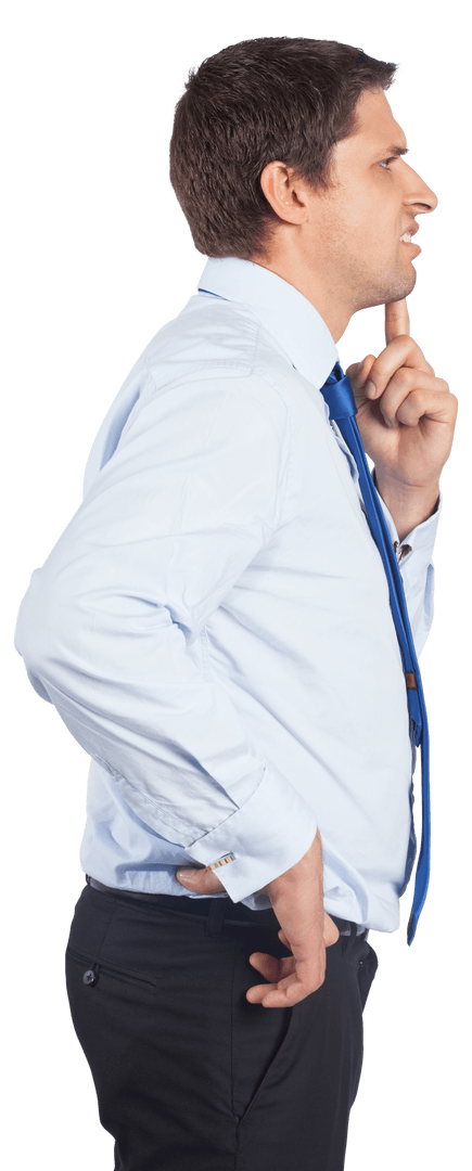Side View Nervous Caucasian Businessman Thinking Seriously on Transparent Background