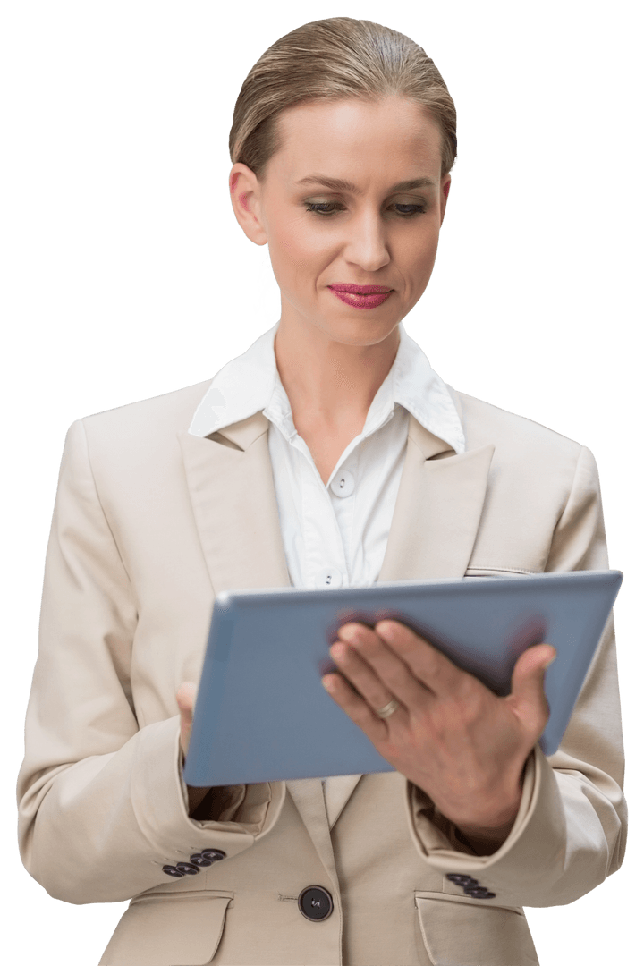 Businesswoman Reviewing Tablet with Transparent Background