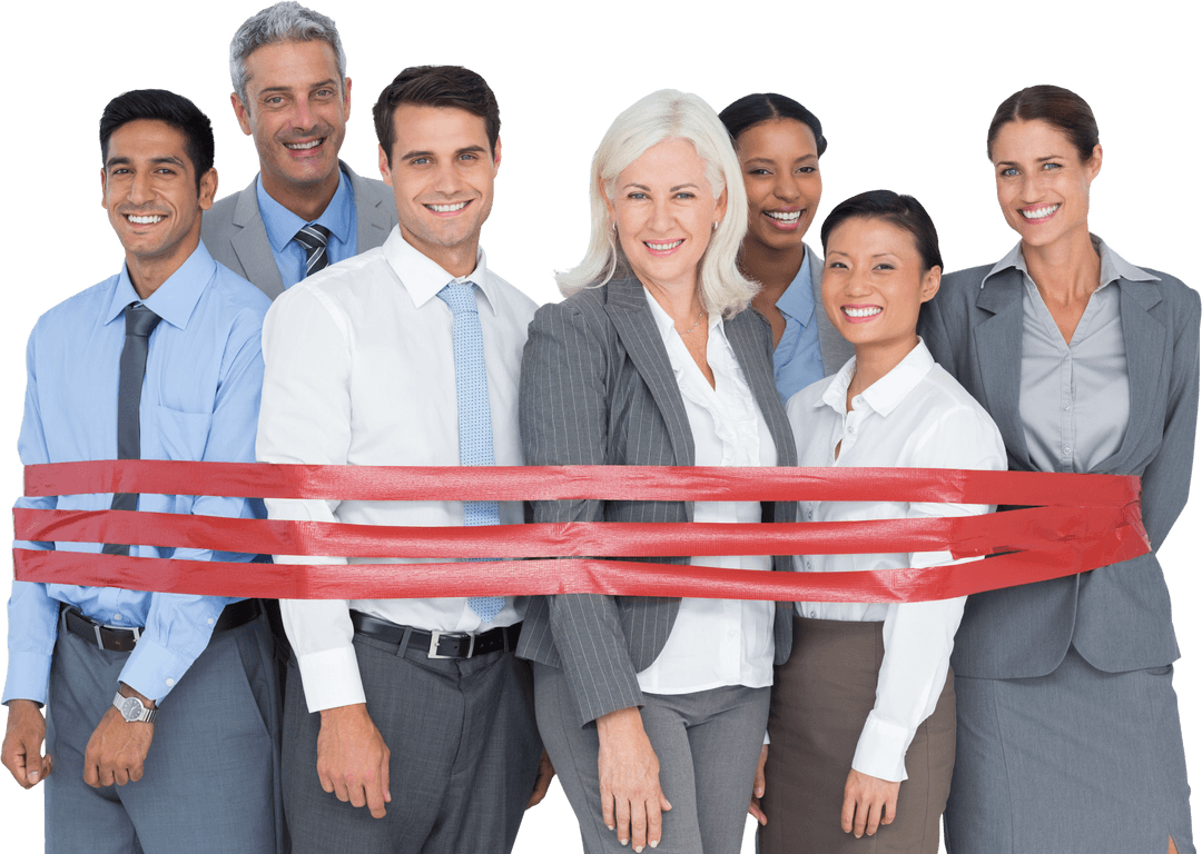 Transparent Teamwork: Business Professionals Bound with Tape