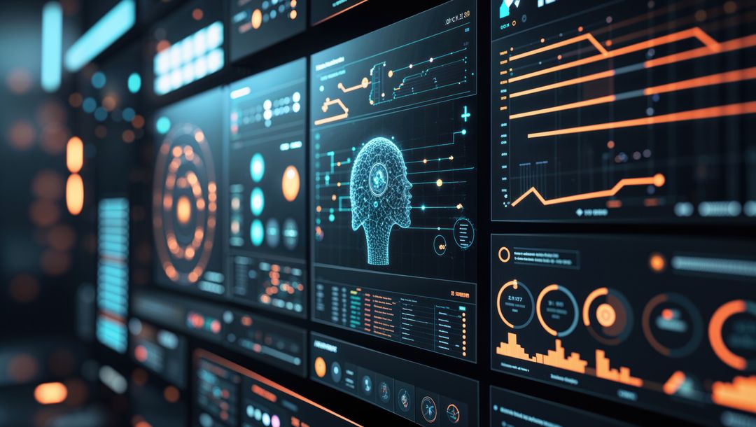 Futuristic Digital Panels Displaying Data and Cybersecurity Trends
