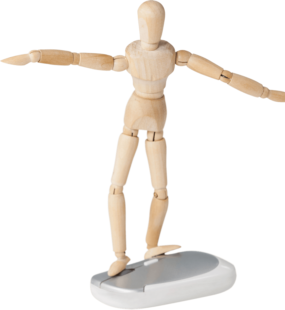 Transparent Wooden Figurine Balancing on Computer Mouse