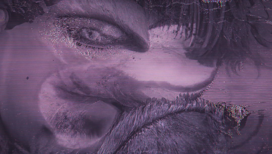Dystopian Grinning Digital Face with Glitch Patterns
