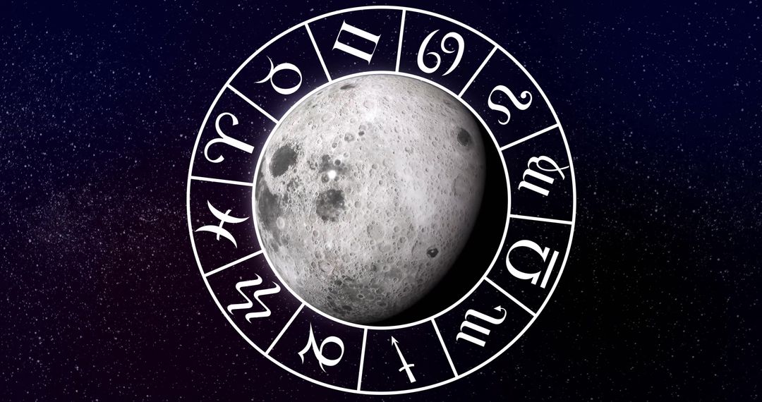Moon Surrounded by Zodiac Symbols on Starry Background