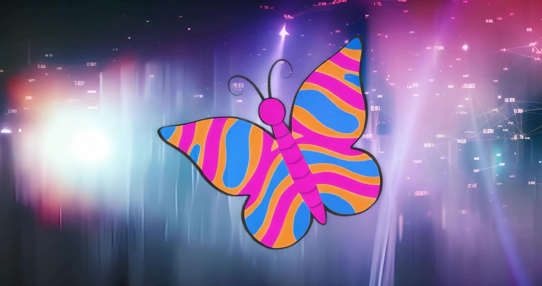 Vibrant Striped Butterfly Floating Over Futuristic Digital Network with Neon Flares