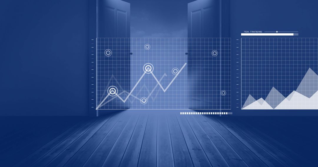 Digital Interface Charts Projected Through Open Doors in Blue Room