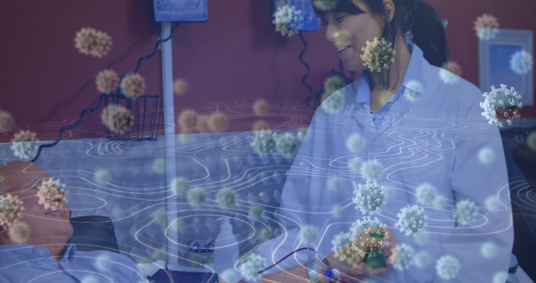 Biracial Scientist Comforting Patient amidst Virus Illustration