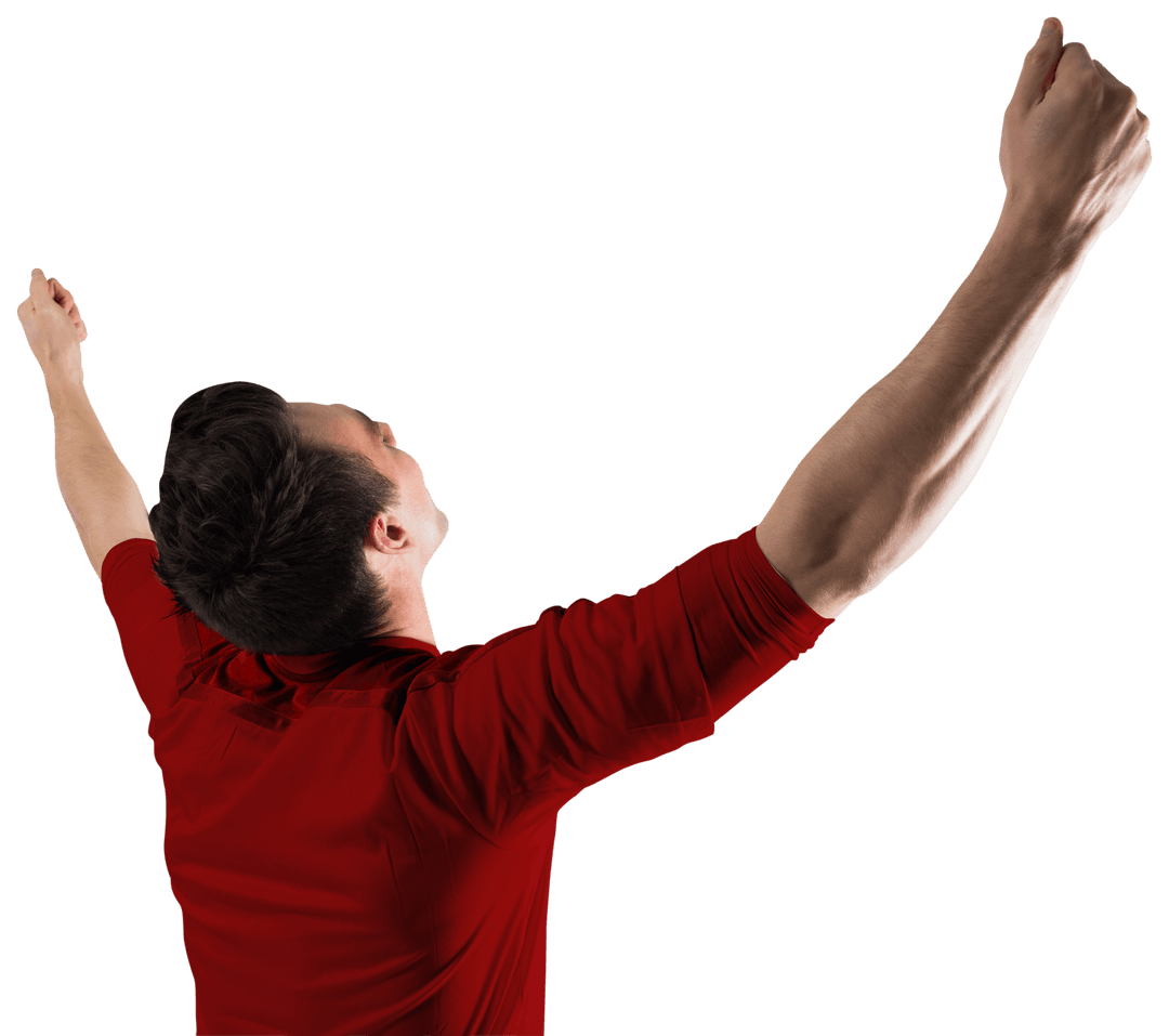 Caucasian Man Raising Hands in Triumph on Transparent Background