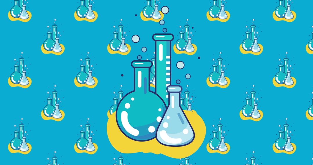 Colorful Chemistry Beakers Icons on Blue Pattern Background