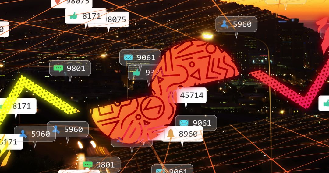 Social Media Notifications Overlay on Cityscape at Sunset