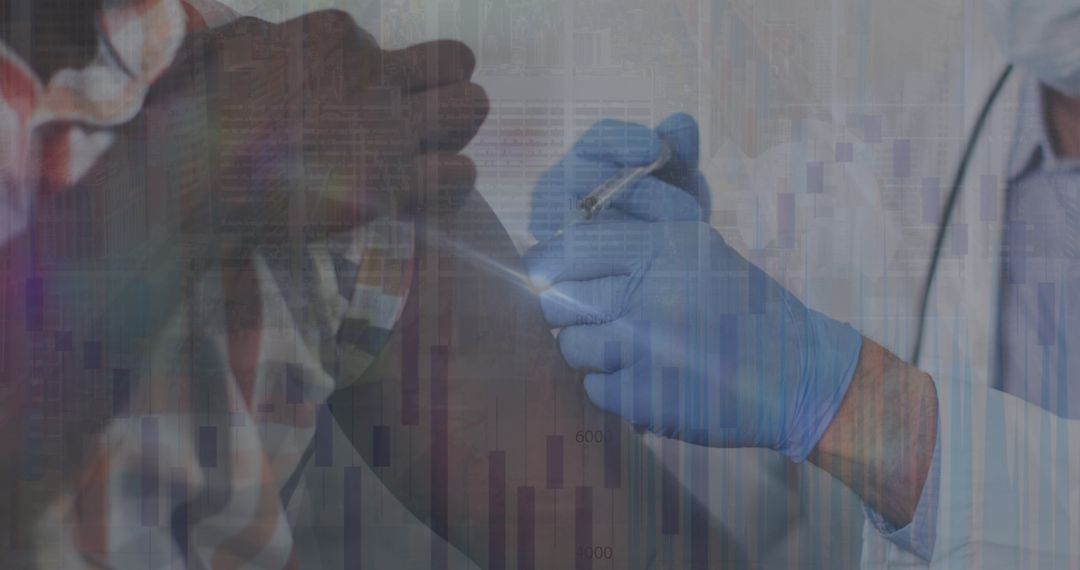 Doctor Administering Vaccine Overlayed with Data Graphics
