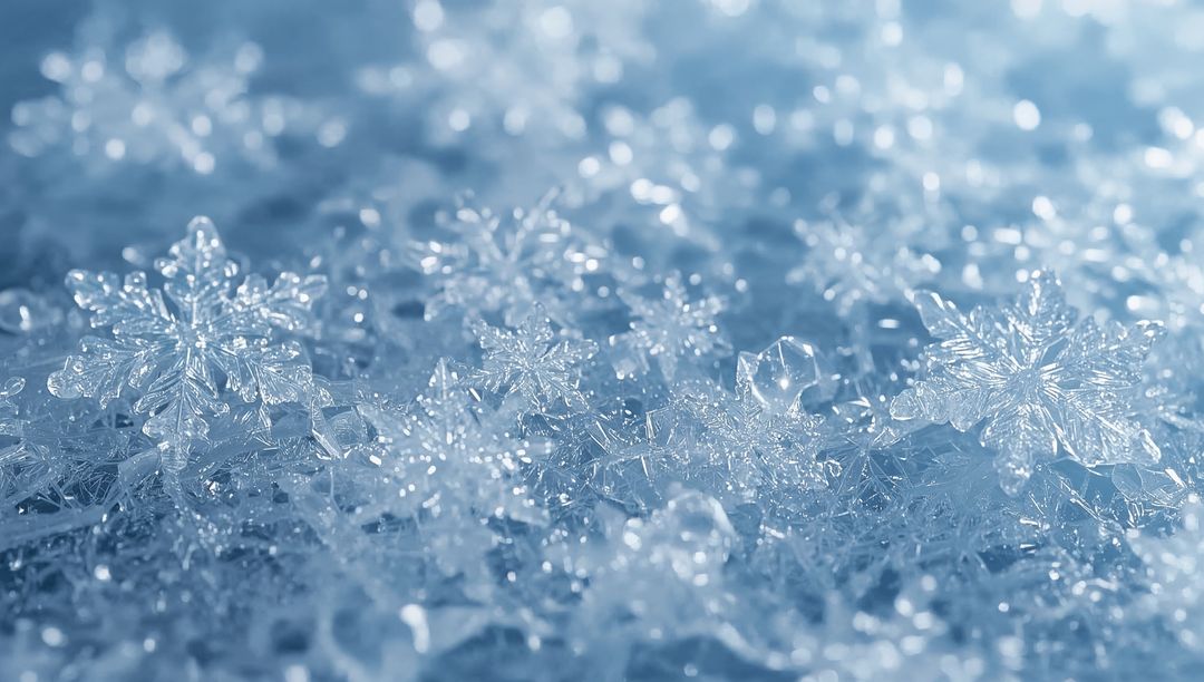 Glistening Hexagonal Snowflakes Sparkling on Frosted Surface with Macro Crystal Detail