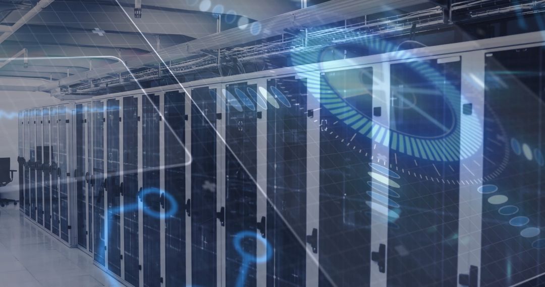 Futuristic Data Center with Glass Server Cabinets and Holographic Interface