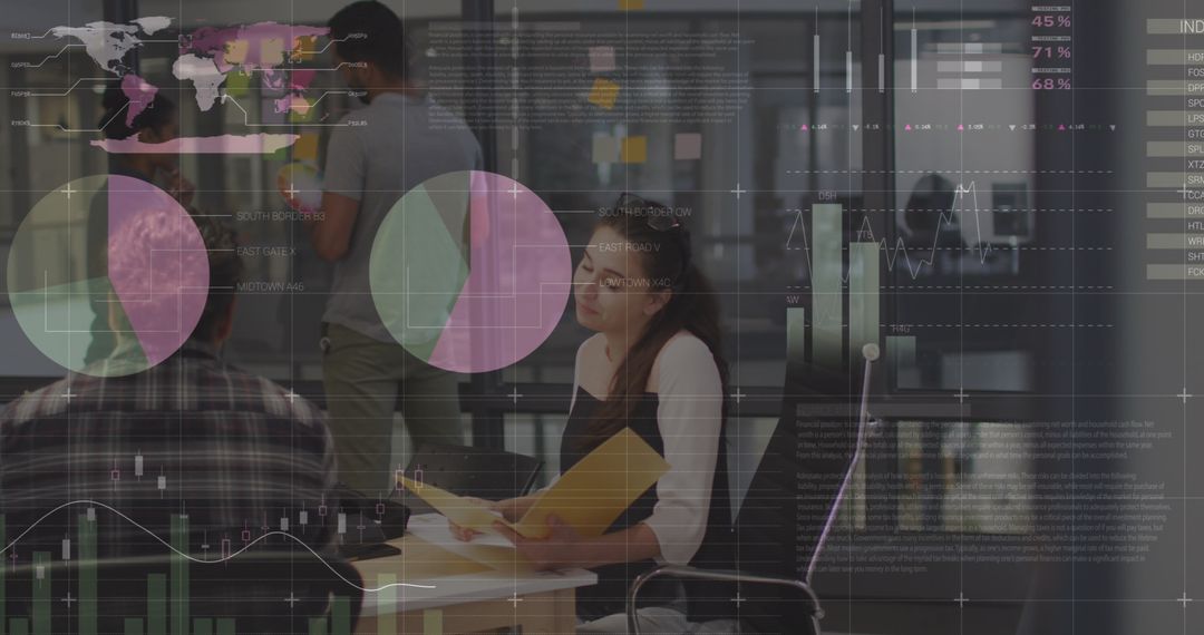 Business Team Analyzing Data with Interactive Visuals Overlaid
