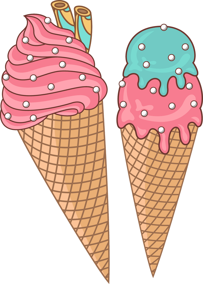 Transparent Vector Ice Cream Cones with Pastel Swirl and Scoops