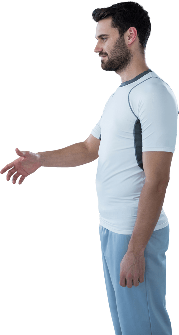 Side View of Man Pretending to Handshake in Transparent Clothing