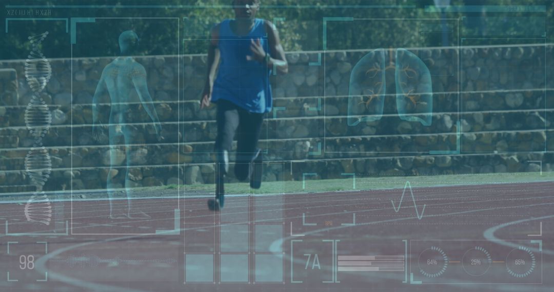 Athlete with Prosthetic Leg Running on Track with Digital Data Interface