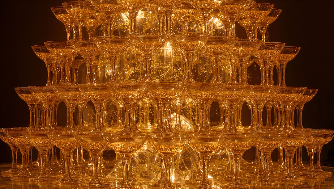 Glowing champagne coupe tower forming golden pyramid with sparkling mirrored reflections