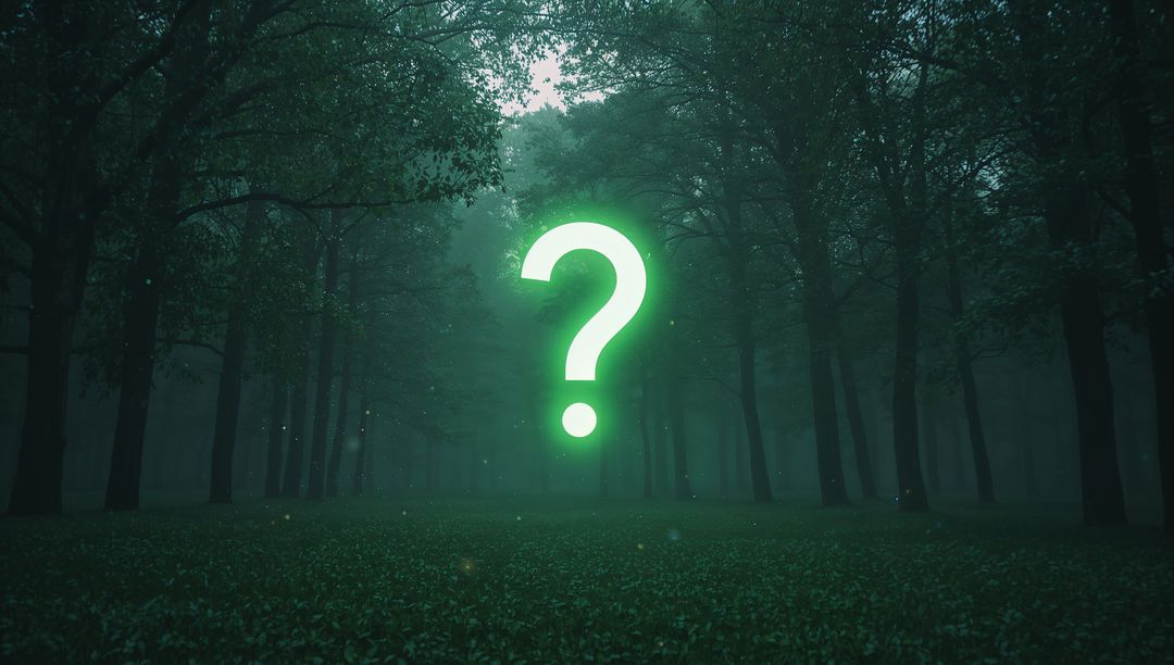 Neon Question Mark in Enigmatic Misty Forest