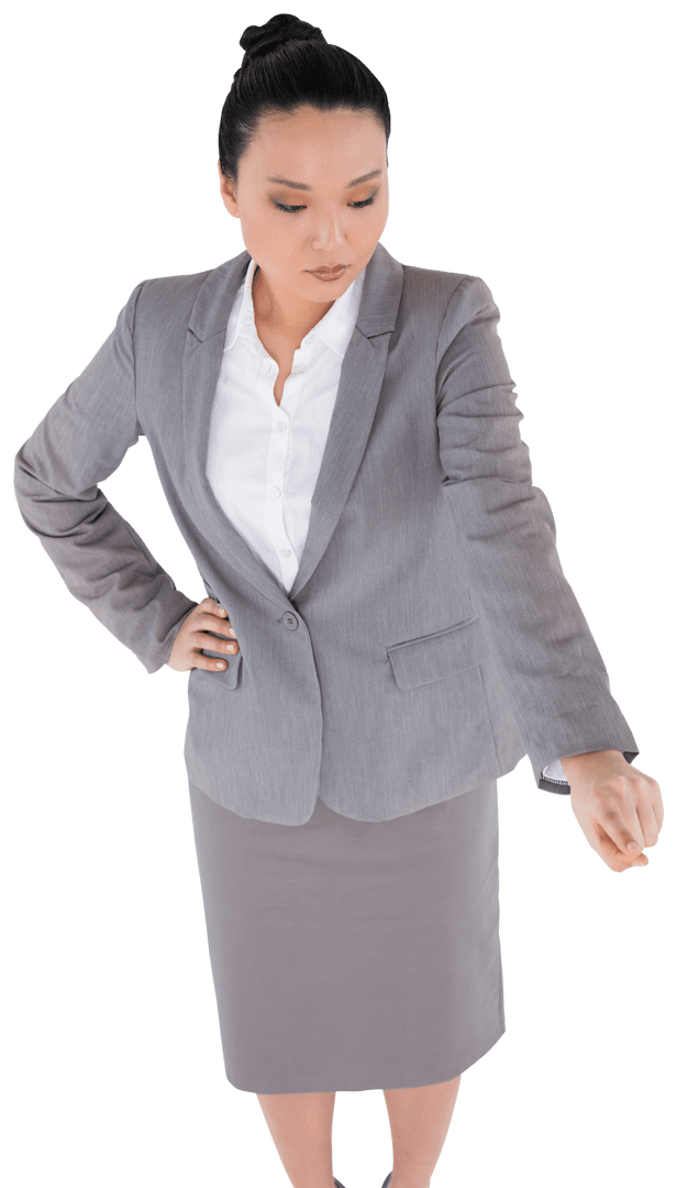 Asian Businesswoman Gesturing on Transparent Background in Formal Attire