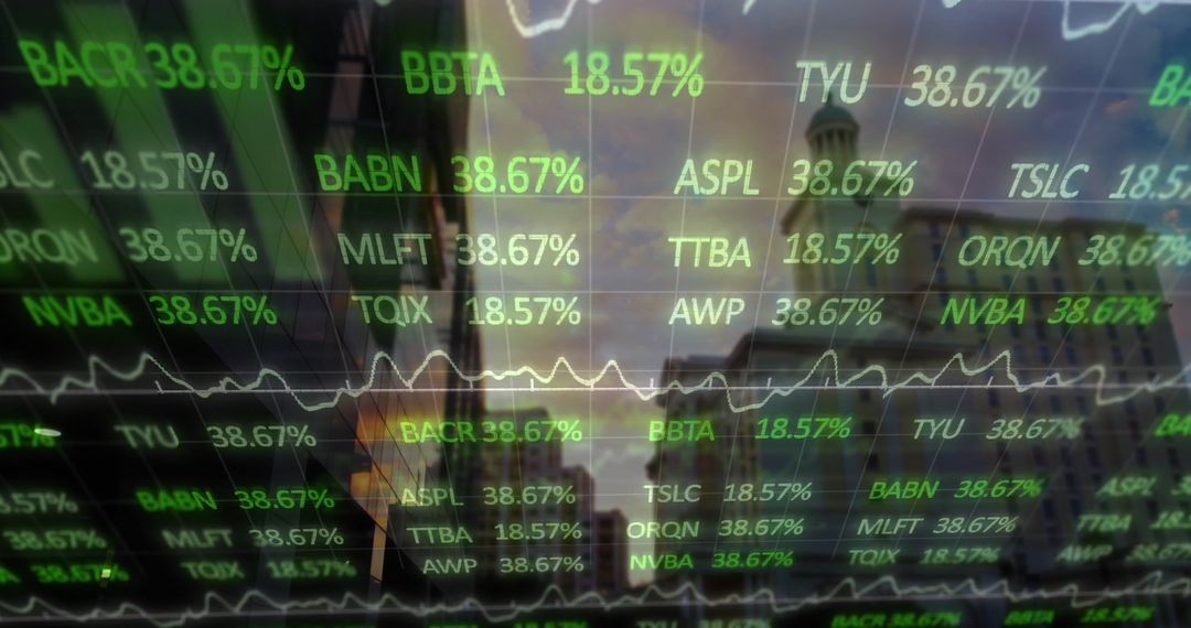 Digital Ticker Overlay on City Skyline at Dusk