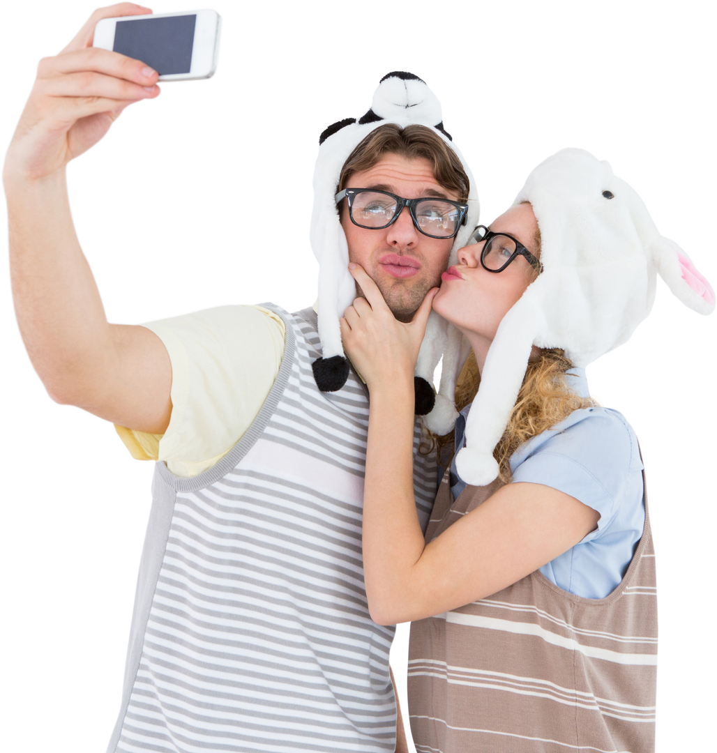 Geeky Hipster Couple Taking Selfie with Smartphone Isolated on Transparent Background - Download Free Stock Images Pikwizard.com