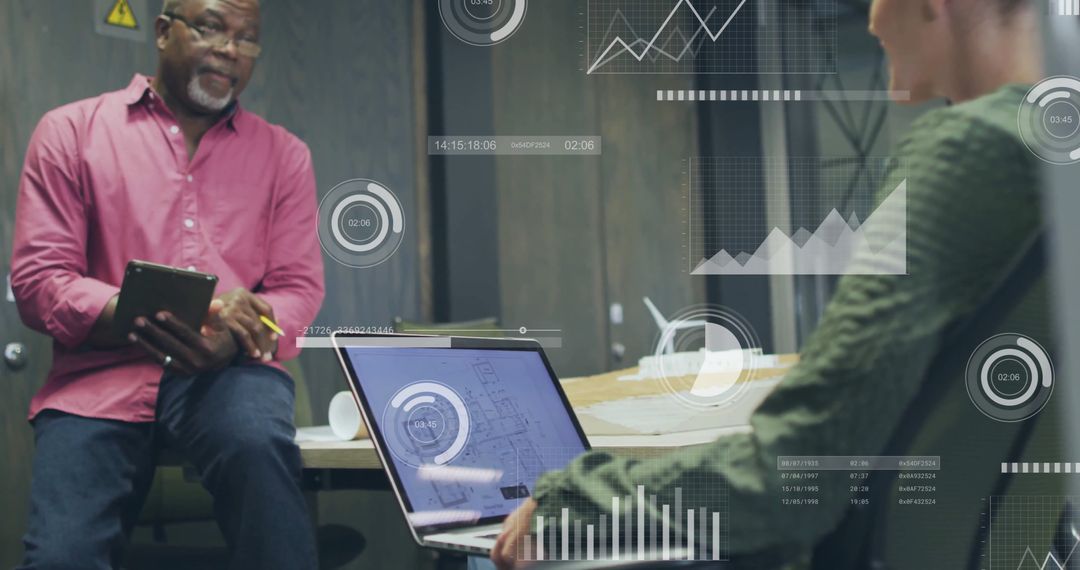 Business Team Analyzing Financial Data with Digital Graph Overlays