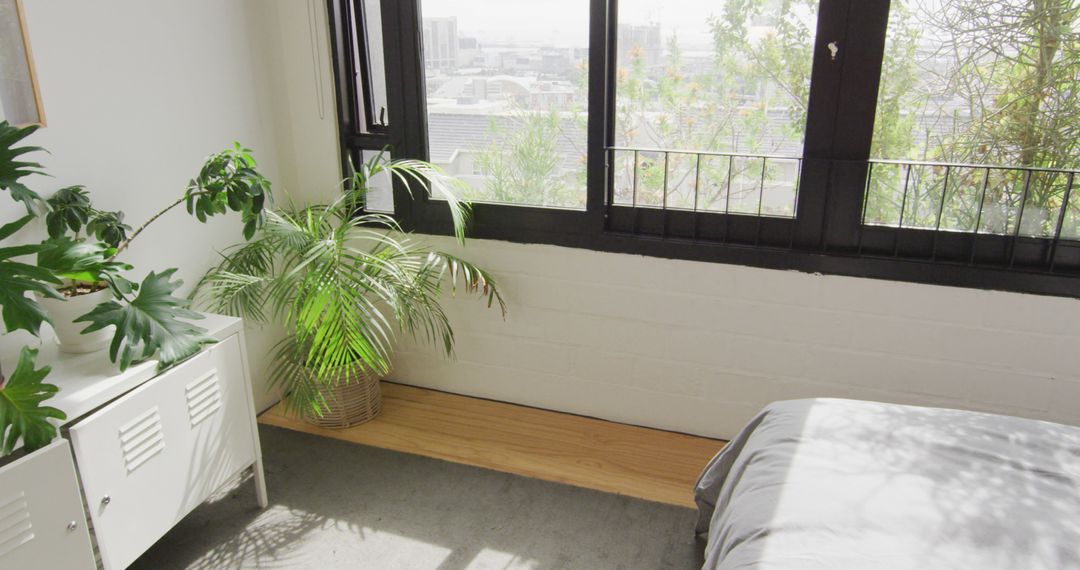 Urban Bedroom with Large Window and Indoor Plants - Free Images, Stock Photos and Pictures on Pikwizard.com