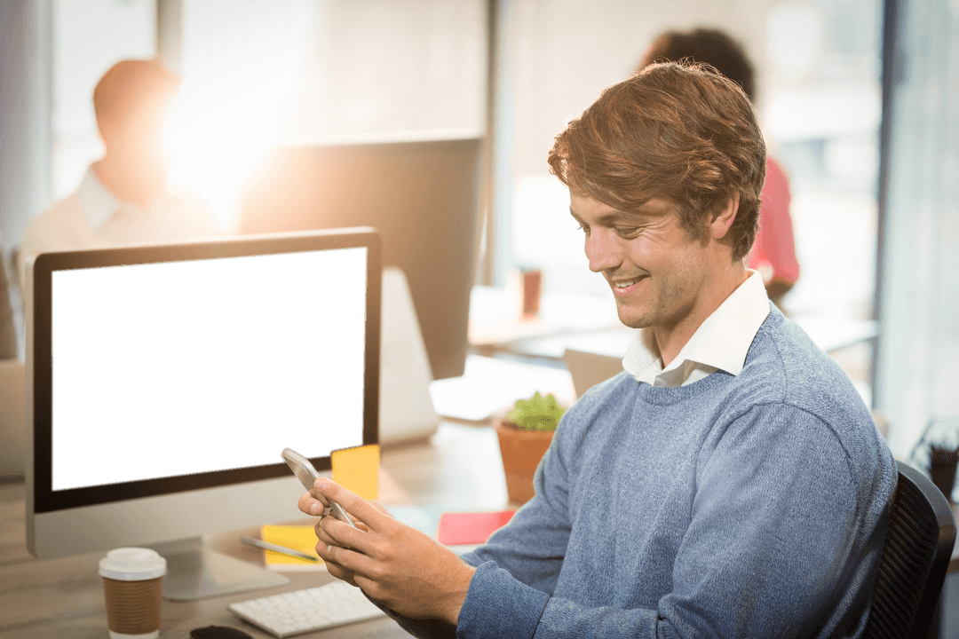 Businessman in Office Using Smartphone with Transparent Screen