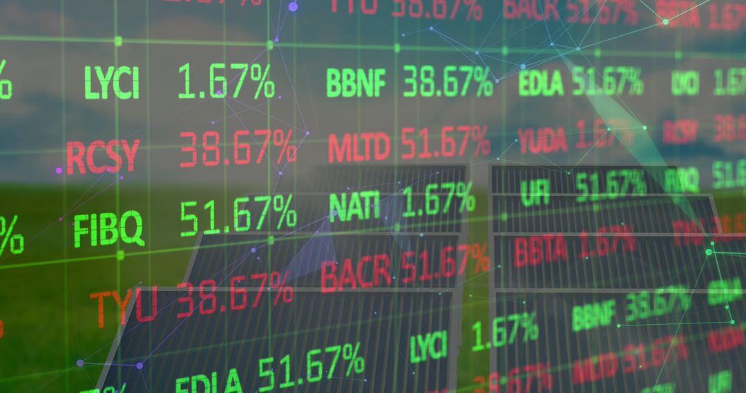 Financial Data Overlay on Solar Panels Symbolizing Green Economy