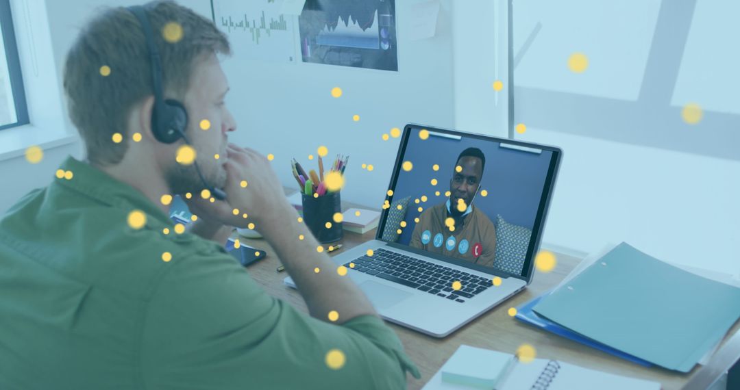 Caucasian Man on Video Call with Bitcoin Icons Overlay