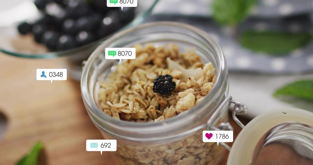 Displaying Granola Jar with Social Media Notifications on Wooden Board