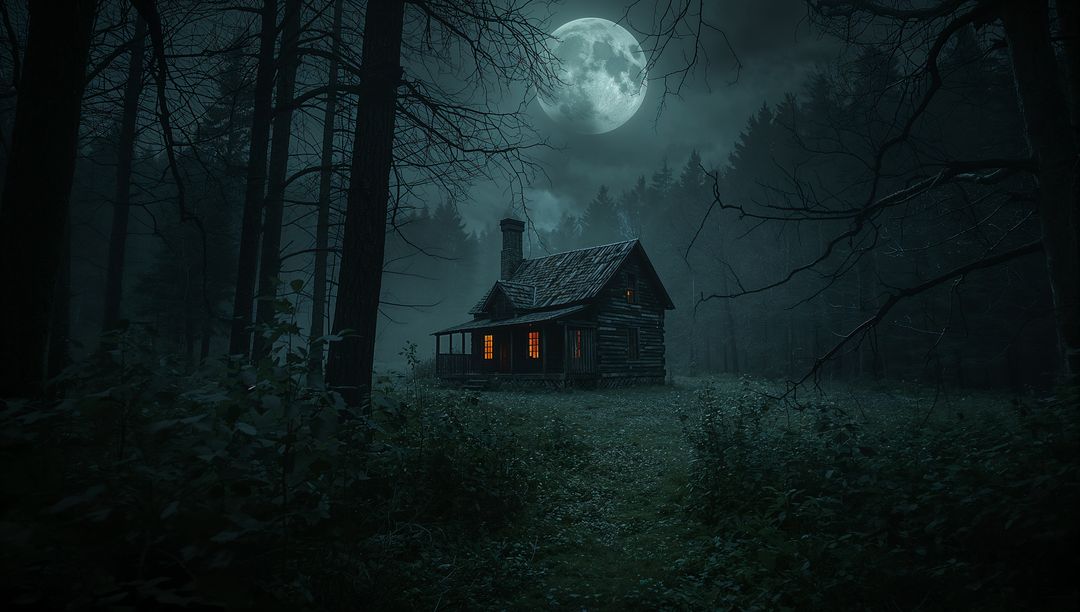 Mystical Cabin under Moonlight in Forest