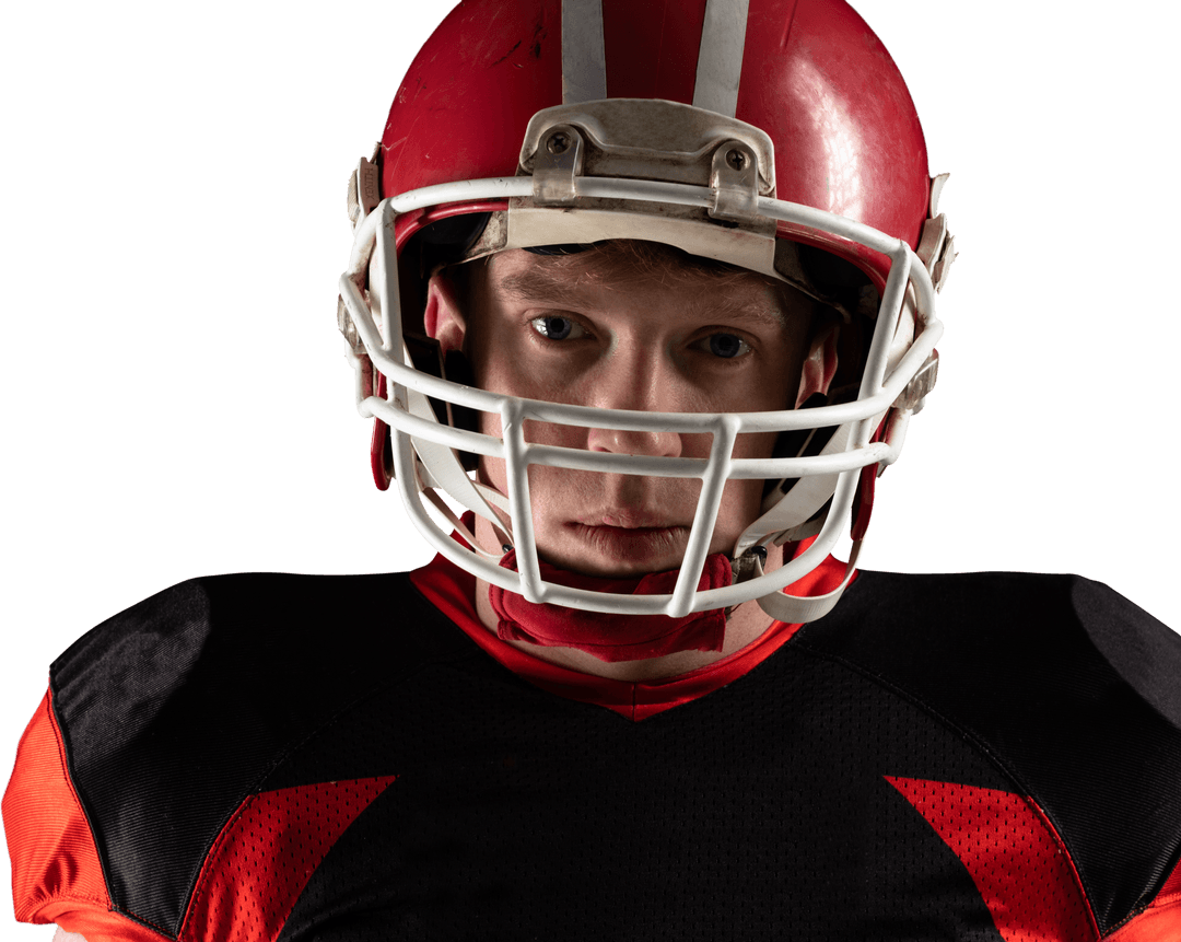 Confident Young Football Player Wearing Red Helmet on Transparent Background