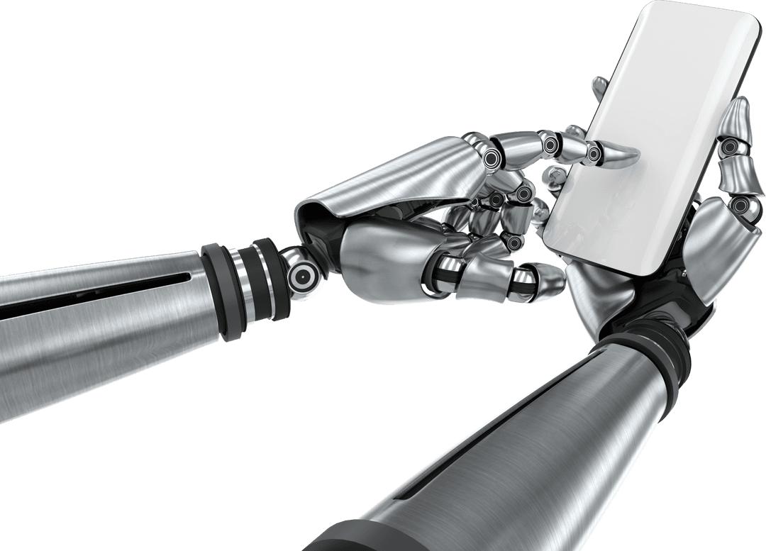 Robotic Hands Interacting with Smartphone, Transparent Background