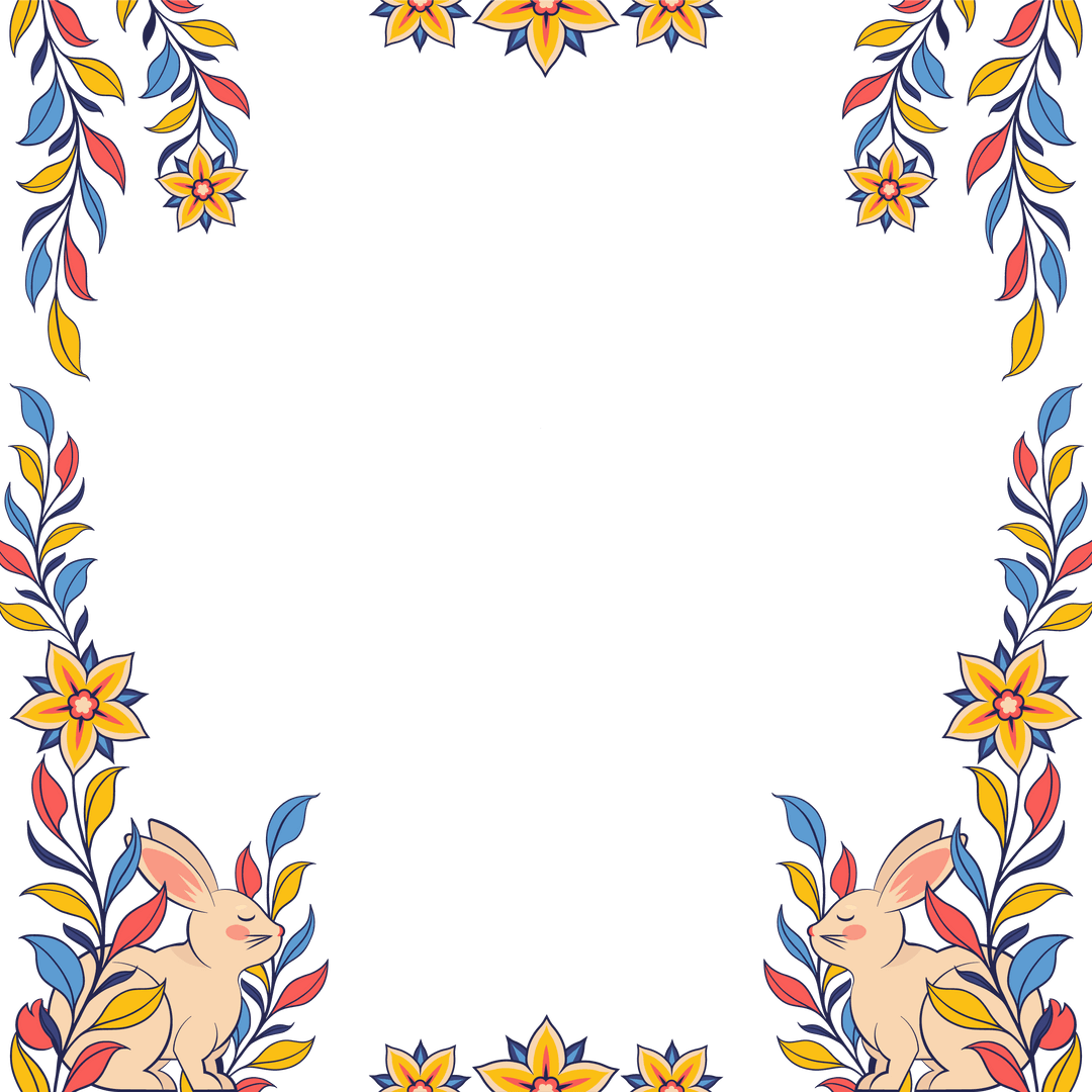Whimsical Floral Border with Rabbits on Transparent Background