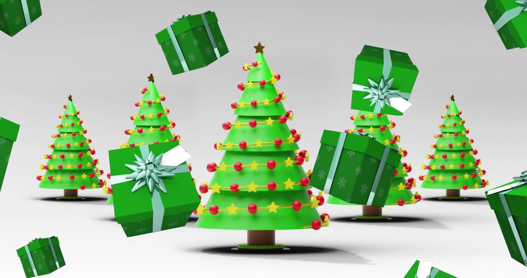 Digital Christmas Trees with Floating Green Present Boxes