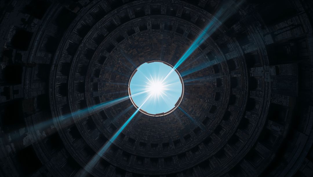 Oculus Revealing Sunburst Through Concentric Historic Dome with Radial Arches and Sky Rays
