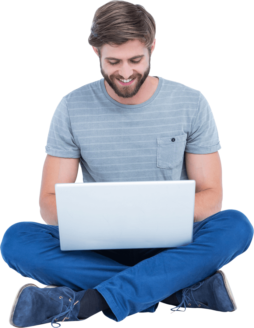 Smiling Young Man Using Laptop Transparent Background