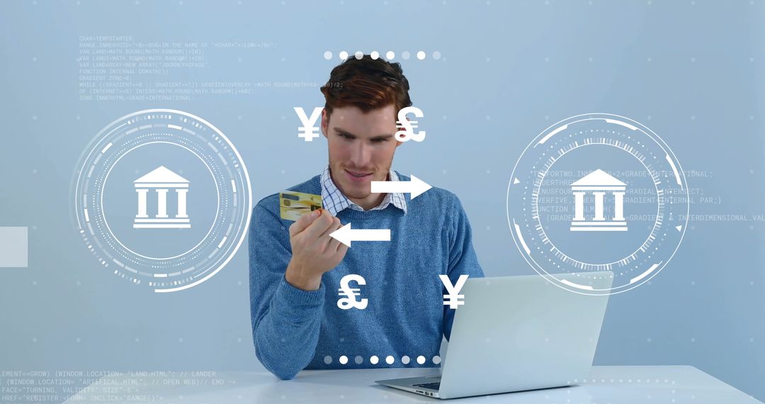 Man Using Credit Card for Online Banking with Currency Icons
