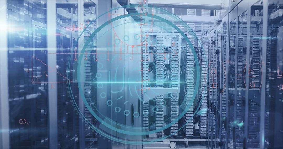 Futuristic Data Center Corridor with Digital HUD Overlay and LED Lighting